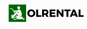 olrental logo poziome zielone tło biała kosiarka